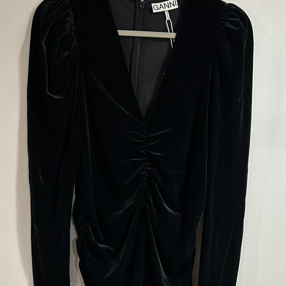 Ganni Velvet Jersey Gathered Mini Dress | Black / 44/US12 - Picture 3 of 11